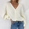 Europe Women Cardigan Solid Colored V-Neck Lantern Sleeve Button Knitted Tops Sweater