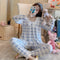 Chequered Pajamas Women Long Sleeved Lace Korean Casual Sets Sweet Look INS Princess Loungewear Sleepwear