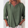 Img 7 - Women Trendy Casual Cotton Solid Colored Loose Vintage Long Sleeved V-Neck Shirt Blouse