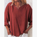 Img 9 - Women Trendy Casual Cotton Solid Colored Loose Vintage Long Sleeved V-Neck Shirt Blouse