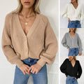 Img 2 - Europe Women Cardigan Solid Colored V-Neck Lantern Sleeve Button Knitted Tops Sweater