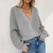 Img 3 - Europe Women Cardigan Solid Colored V-Neck Lantern Sleeve Button Knitted Tops Sweater