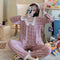 Chequered Pajamas Women Long Sleeved Lace Korean Casual Sets Sweet Look INS Princess Loungewear Sleepwear