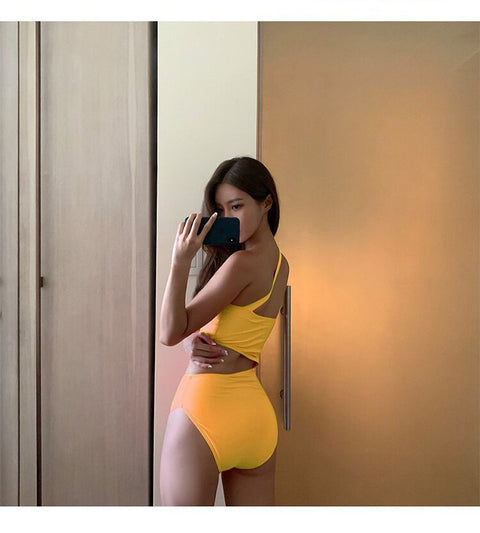 IMG 106 of Korean Creative Solid Colored Swimsuit Sexy Bare Back See Through Slim Look Student Sporty One-Piece Women Swimwear