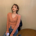 Trendy Sexy V-Neck Long Sleeved Knitted Tops Hong Kong Fitting Thin Short Cardigan Elegant Women Outerwear