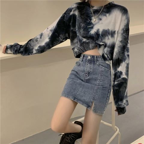 IMG 119 of Dye Sweatshirt Women Long Sleeved Korean Loose High Waist Short Tops ins Outerwear