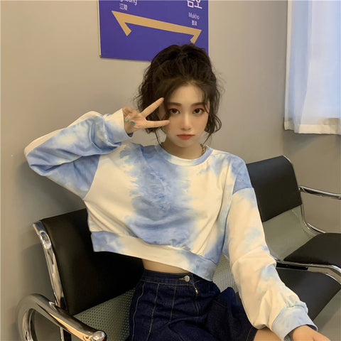 IMG 128 of Dye Sweatshirt Women Long Sleeved Korean Loose High Waist Short Tops ins Outerwear