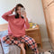 Chequered Sets Pajamas Women Cartoon Loose Long Sleeved Casual Korean Color-Matching Loungewear Outdoor Sleepwear