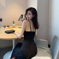 Img 2 - Korean Elegant Chic Sexy Spaghetti V-Neck Slip Dress Solid Colored Slim Look Long Bare Back Women Dress