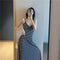 Img 8 - Korean Elegant Chic Sexy Spaghetti V-Neck Slip Dress Solid Colored Slim Look Long Bare Back Women Dress