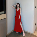 Img 6 - Korean Elegant Chic Sexy Spaghetti V-Neck Slip Dress Solid Colored Slim Look Long Bare Back Women Dress