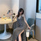 Img 5 - Korean Elegant Chic Sexy Spaghetti V-Neck Slip Dress Solid Colored Slim Look Long Bare Back Women Dress