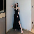 Img 3 - Korean Elegant Chic Sexy Spaghetti V-Neck Slip Dress Solid Colored Slim Look Long Bare Back Women Dress