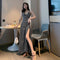 Img 4 - Korean Elegant Chic Sexy Spaghetti V-Neck Slip Dress Solid Colored Slim Look Long Bare Back Women Dress