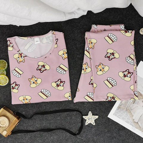 Korean Round-Neck Long Sleeved Pajamas Women Casual Cozy Loose Teens Loungewear Sets Sleepwear