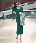 Img 3 - Korean Slim Look Knitted Dress Women V-Neck Hip Flattering Elegant Sleeve Length Dress