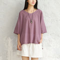 Img 3 - Summer Art Cotton Blend Blouse Plus Size Loose Solid Colored V-Neck Thin Breathable T-Shirt Blouse