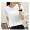 Img 8 - Summer White Chiffon Short Sleeve Blouse College Korean Round-Neck Slim Look Solid Colored Shirt Women Blouse