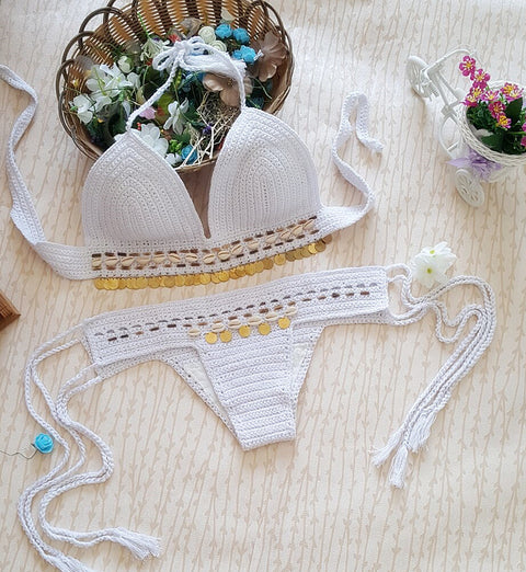 Img 2 - Europe Vintage Swimsuit Bikini Seashell Summer Beach Women Two Piece Sets