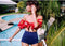 IMG 107 of Red Floral Swimsuit Women Adorable Two Piece Two-Piece Sets High Waist Bikini Tube Swimwear