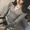 Img 1 - Sexy Lace Sweater Long Sleeved Loose Spliced Women V-Neck Undershirt Slim Look