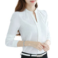 Img 2 - Long Sleeved Chiffon Tops Sexy V-Neck Shirt Women Casual Solid Colored Blouse