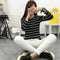 IMG 117 of Korean Round-Neck Striped Printed Long Sleeved tT-Shirt Women Student Casual Slim Look Undershirt Tops T-Shirt