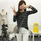 IMG 109 of Korean Round-Neck Striped Printed Long Sleeved tT-Shirt Women Student Casual Slim Look Undershirt Tops T-Shirt