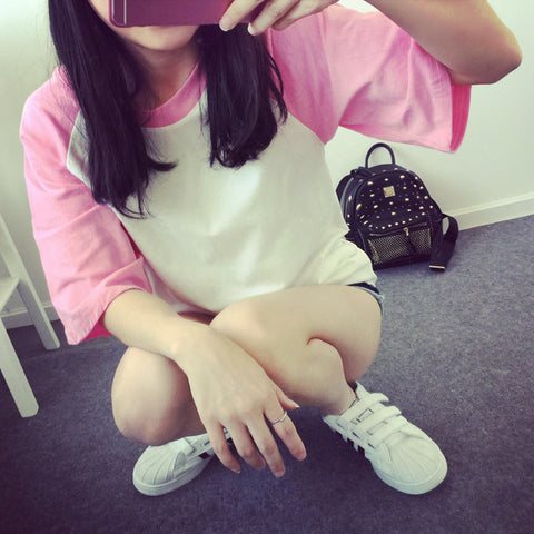 IMG 107 of Summer Korean Student Spliced Color-Matching Women Short Sleeve T-Shirt Undershirt Casual T-Shirt