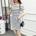 Img 5 - Summer Korean Slim Look Black White Striped Dress Women Short Sleeve Hip Flattering Mid-Length Dress