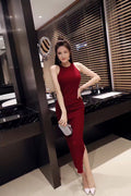 Img 4 - Summer Korean Round-Neck Sleeveless Halter Slim Look Hip Flattering Knitted Stretchable Splitted Mid-Length Dress Formal Dress