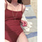 IMG 106 of Korea Elegant Sexy Vintage Burgundy Bare Back Strap Slim Look One-Piece Swimsuit Women Swimwear