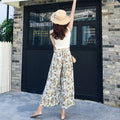 Img 2 - Chiffon Leaves Printed Wide Leg Pants Women Floral High Waist Strap Beach Holiday Ankle-Length Culottes Beachwear