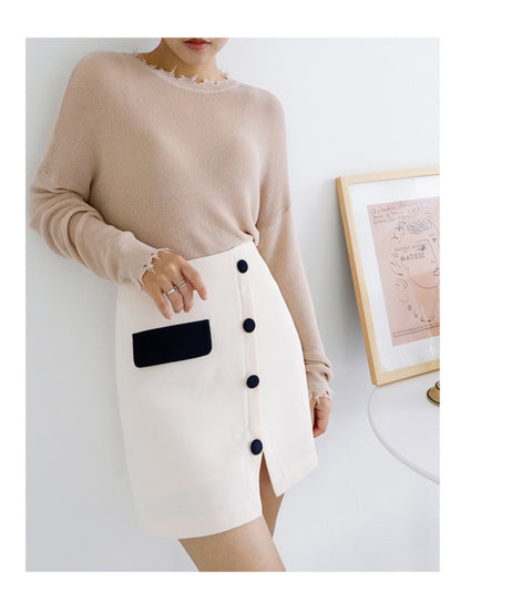 IMG 105 of Color-Matching Skirt Women Korean All-Matching High Waist Slim Look A-Line Skirt
