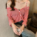 Img 3 - Hong Kong chicStrap Bare Shoulder Striped Blouse Long Sleeved Tops Shirt Versatile