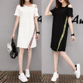 Img 1 - Summer Korean All-Matching Bare-Shoulder Loose Mid-Length Niche Short Sleeve Dress