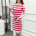 Img 2 - Summer Korean Slim Look Black White Striped Dress Women Short Sleeve Hip Flattering Mid-Length Dress