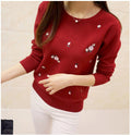 Women Korean Loose Round-Neck Long Sleeved Embroidered Flower Sweater Matching Outerwear