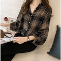 Img 2 - Long Sleeved Chiffon Blouse Korean Loose Plus Size Lantern Chequered Shirt Blouse