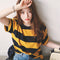 Summer Women T-Shirt Korea ulzzang All-Matching Loose Yellow Black Striped Round-Neck Short Sleeve T-Shirt