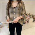 Long Sleeved Chiffon Blouse Korean Loose Plus Size Lantern Chequered Shirt Blouse