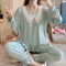 Long Sleeved Pajamas Women Cotton Round-Neck Lace Loungewear Sets Loose Plus Size Adorable Sleepwear