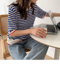 Img 2 - Women Summer Color-Matching Striped Short Sleeve T-Shirt insSilk Cotton Sweater Thin