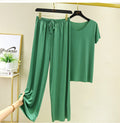 IMG 114 of Summer Ice Silk Two-Piece Sets Thin V-Neck Short Sleeve T-Shirt Slim Look Tops Drape Loose Casual Wide Leg Pants