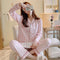 Korea Korean INS Chequered Pajamas Women Sleeve Length Pants Cardigan Adorable Cartoon Sets Loungewear Sleepwear