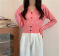 IMG 121 of V-Neck Colourful Button Cardigan Short Long Sleeved Korean Sweater Women Elegant Sweet Look Tops Outerwear