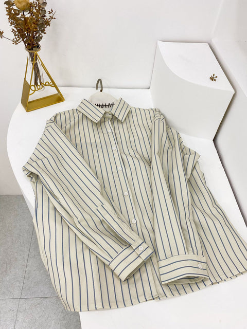 IMG 109 of Matching Popular Inspired British College Striped Seashell Long Sleeved Shirt Outerwear