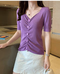 IMG 118 of Silk T-Shirt Short Sleeve Women Summer ins V-Neck High Waist French Slim Look Knitted Tops Outerwear