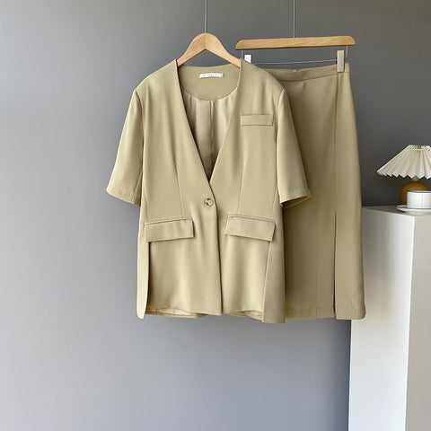 IMG 137 of Sets Korean Short Sleeve Blazer Tops Splitted Skirt Outerwear