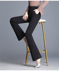 IMG 116 of High Waist Flare Long Pants Drape Leg Women Slim Look Suits Stretchable Casual Pants